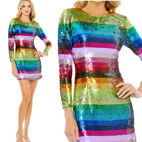 Mac Duggal Multicolor Long Sleeve Sequin Rainbow Dress Size 6 - Picture 1 of 8